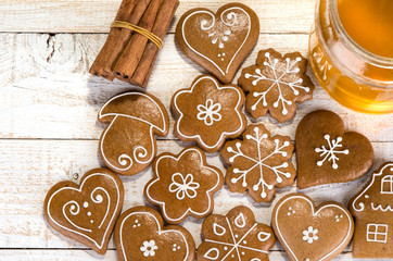 Homemade gingerbread cookies on a wooden table