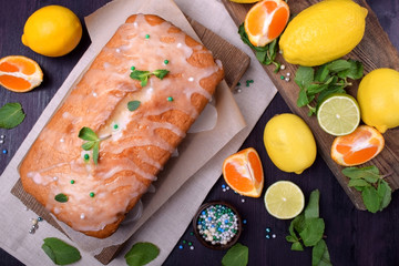 Citrus sponge cake with sugar icing surrounded by the fruits against the dark background. Top view