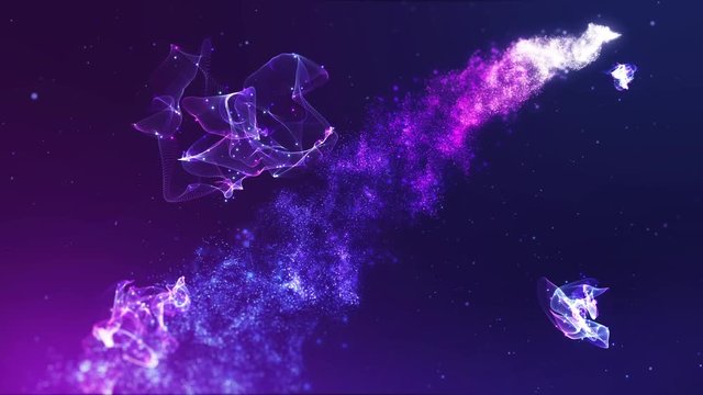 Travel close to a stop motion Comet and Trough the gas Tail and nebula in background.  Colorful science space background. pink purple Glowing galaxy, comets and stars passing.