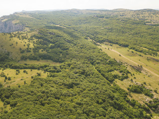 Obraz premium beautiful panorama aerial view of high mountains covered with green summer forest b