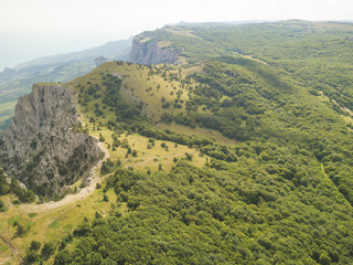 beautiful panorama aerial view of high mountains covered with green summer forest b