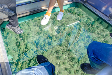 Crystal glass Ngong Ping Cable car with tourists over mountain, to visit the Tian Tan or the Big Buddha located at Po Lin Monastery in Lantau Island. landmark and popular in Hong Kong