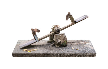 Old retro teeter-totter made with wood isolated on white background