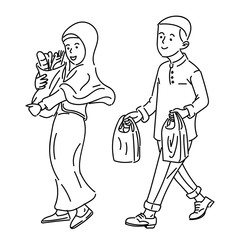 Muslim Adult couple make shopping, simple illustration