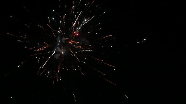 Fireworks on black night sky in slow motion.