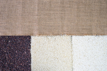 Organic Mixed rice on the sack background.