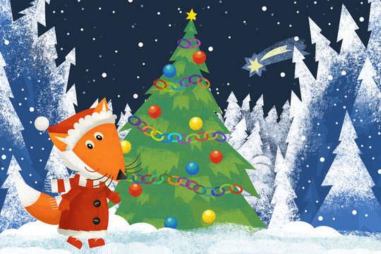 winter scene with forest animal little fox with santa claus hat in the forest with christmas tree - traditional scene - illustration for children