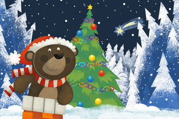 winter scene with forest animal santa claus bear in the forest near christmas tree - traditional scene - illustration for children