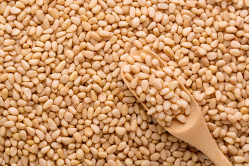 The core of peeled pine nuts. Wooden spoon against the background of cedar.
