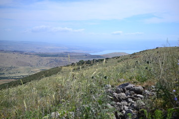Fototapeta na wymiar The gospel trail mark, hiking through countryside of Galilee in Israel, following trail of Jesus in Spring