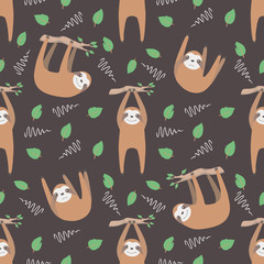 Graphic illsutration seamess pattern with trendy hanging cartoon style sloths with leaves and branches on dark black background © Firn