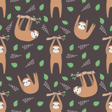 Graphic illsutration seamess pattern with trendy hanging cartoon style sloths with leaves and branches on dark black background