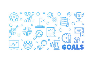 Goals vector horizontal outline blue illustration or banner on white background