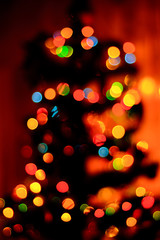a bokeh of blue, green and yellow in the background, a new Christmas tree is blurred