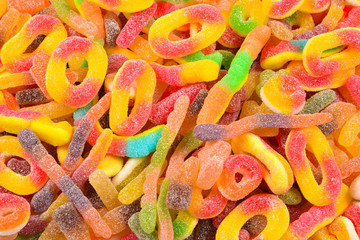 Assorted gummy candies. Top view. Jelly  sweets.