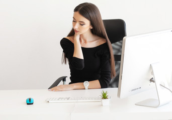 Pain neck. Tired business woman holding her neck