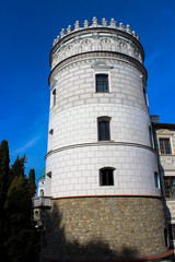 Krasiczyn, Poland - October 11, 2013: - beautiful renaissance palace in Poland. The castle has belonged to several noble Polish families. Has richly sculpted portals, loggias, arcades