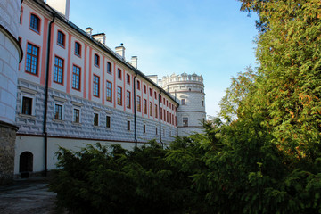 Fototapeta premium Krasiczyn, Poland - October 11, 2013: - beautiful renaissance palace in Poland. The castle has belonged to several noble Polish families. Has richly sculpted portals, loggias, arcades