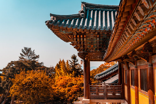 Bulguksa buddhist temple in Gyeongju, South Korea. In 1995 was added to the UNESCO World Heritage List, ref 736. Teal and orange look.