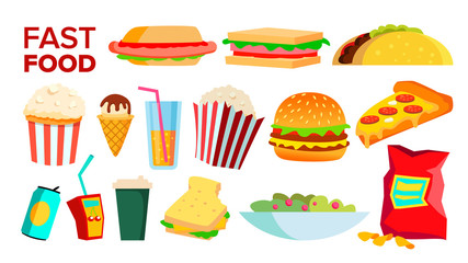 Fast Food Icons Set Vector. Hamburger Dinner. Takeaway Food. Unhealthy express Cafe. Isolated Flat Cartoon Illustration