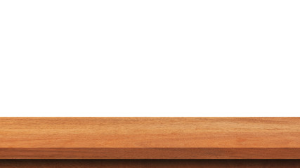 Empty Wooden table isolated on white background. For your product placement or montage with focus to the table top in the foreground. Empty wooden brown shelf. shelves