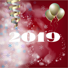 2019 New Year, Christmas Vector Card with Snow on Red. Heavy Snowfall, Snowflakes Square Gift Voucher or Celebration Background. Holiday Decoration Template. Cool 2019 New Year Card on Red.