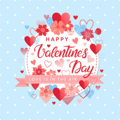 Fototapeta na wymiar Happy Valentines Day - Hand painted lettering with different hearts and flowers.Romantic illustration perfect for cards,prints flyers,posters,holiday invitations and more.Vector Valentines Day card.
