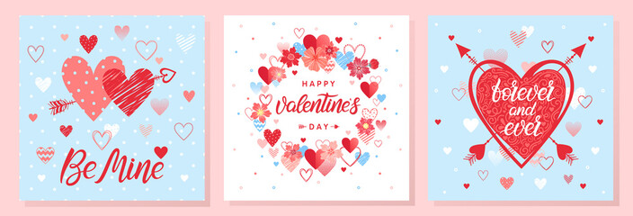 Collection of creative Valentines Day cards.Hand drawn lettering with hearts,arrows and flowers.Romantic illustrations perfect for prints,flyers,posters,holiday invitations and more.