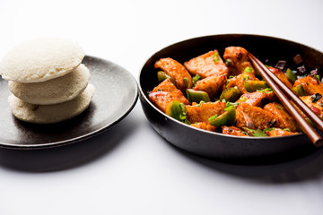 Schezwan Idli or manchurian Idly, tasty indo-chinese recipe. selective focus