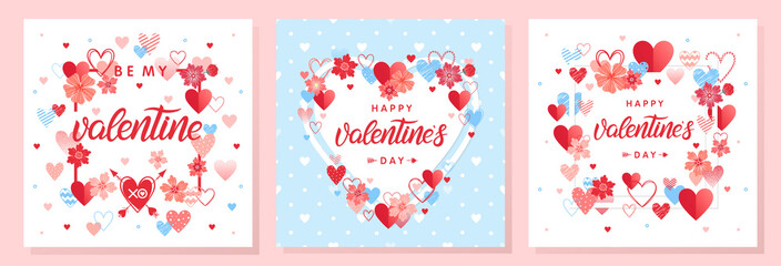 Collection of creative Valentines Day cards.Hand drawn lettering with hearts,arrows and flowers.Romantic illustrations perfect for prints,flyers,posters,holiday invitations and more.