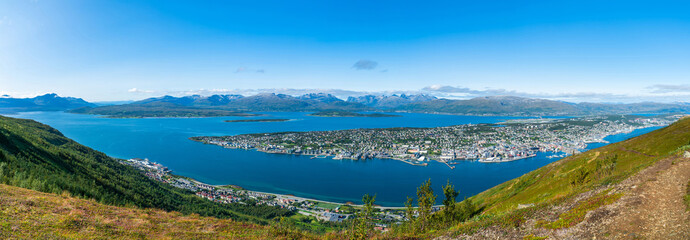 Fototapeta na wymiar Wide panoramic arial view of Tromso in Norway