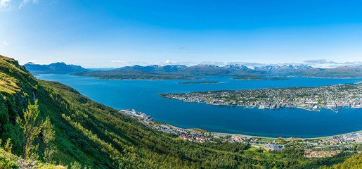 Wide panoramic arial view of Tromso in Norway