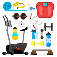 Fitness Icons Vector. Simulator, Scales, Dumbbell, Gym Equipment Accessories. Isolated Flat Cartoon Illustration