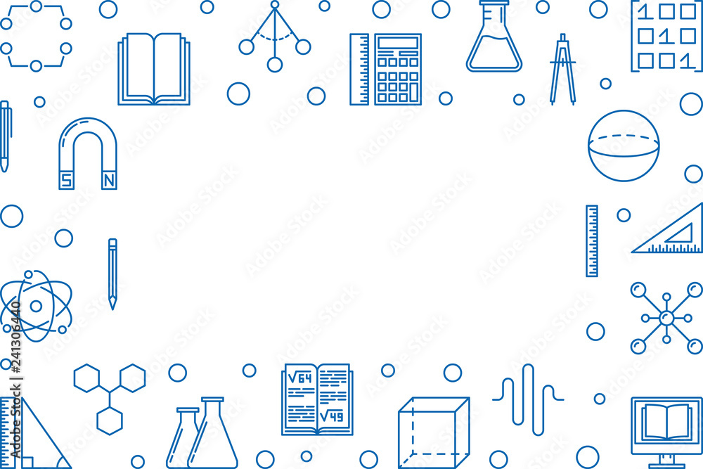 Poster stem learning blue horizontal frame on white background. vector science concept illustration in thin