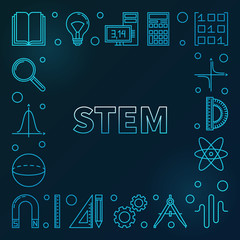 STEM blue square frame. Vector science concept outline illustration on dark background
