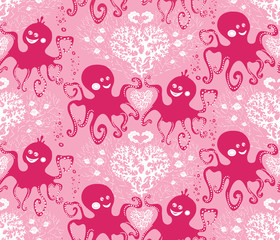 Vector seamless pattern of sea life with cute pink octopuses and white corals on the light pink background