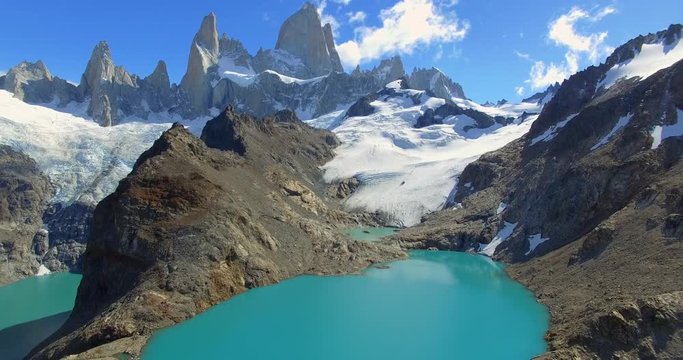 Pull Back Aerial View of Fitz Roy and Laguna de los Tres, Los Glaciares National Park, Patagonia, Argentina