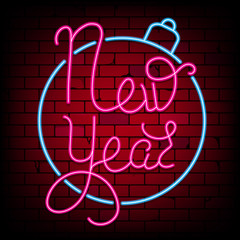 Happy New Year Poster for Holiday Card with Neon Greeting Text. Vector Illustration.