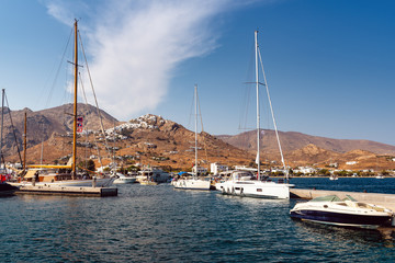 Fototapeta na wymiar View of the Livadi port and hills of the Serifos island. Greece