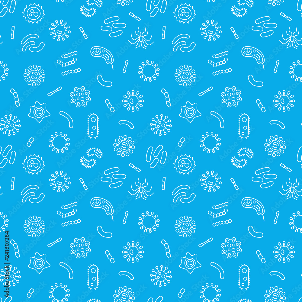 Poster seamless vector pattern with outline bacteria icons on blue background