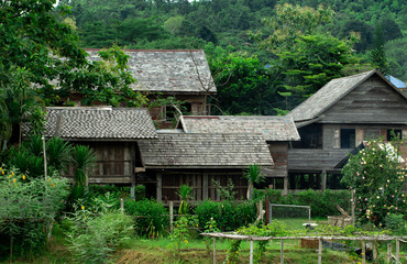 Fototapeta na wymiar Vintage wooden house in suburb on Thailand with green natural forest