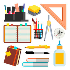 Stationery Icons Vector. Pen, Pencil, Notebook, Ruler. Isolated Flat Cartoon Illustration