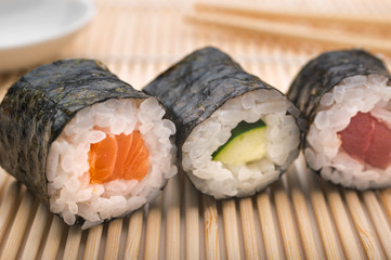 Sushi HosoMaki with salmon cucumber and tuna © rosario scalia