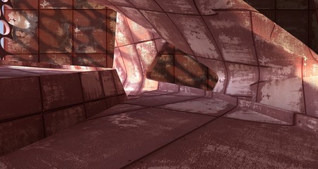 Empty smooth abstract room interior of sheets rusted metal . Architectural background. 3D illustration and rendering