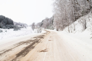 Fototapeta premium road bends to the winter woods