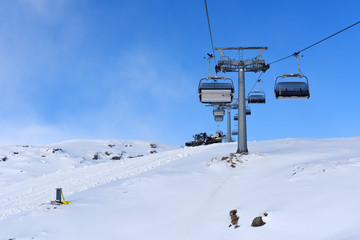 Fototapeta na wymiar Panoramically view from ski slope over Dolomite mountains in Tre Valli, Italy. - Image