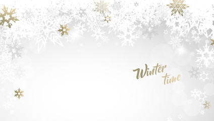 Christmas golden vector background illustration with snowflakes and Winter time text.