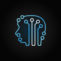Circuit board human head with brain vector blue icon or design element in line style on dark background