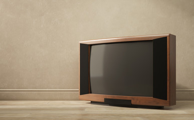 Wood vintage television reseiver on a brown background. 3d illustration