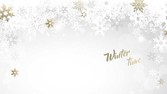 Christmas golden vector background illustration with snowflakes and Winter time text.